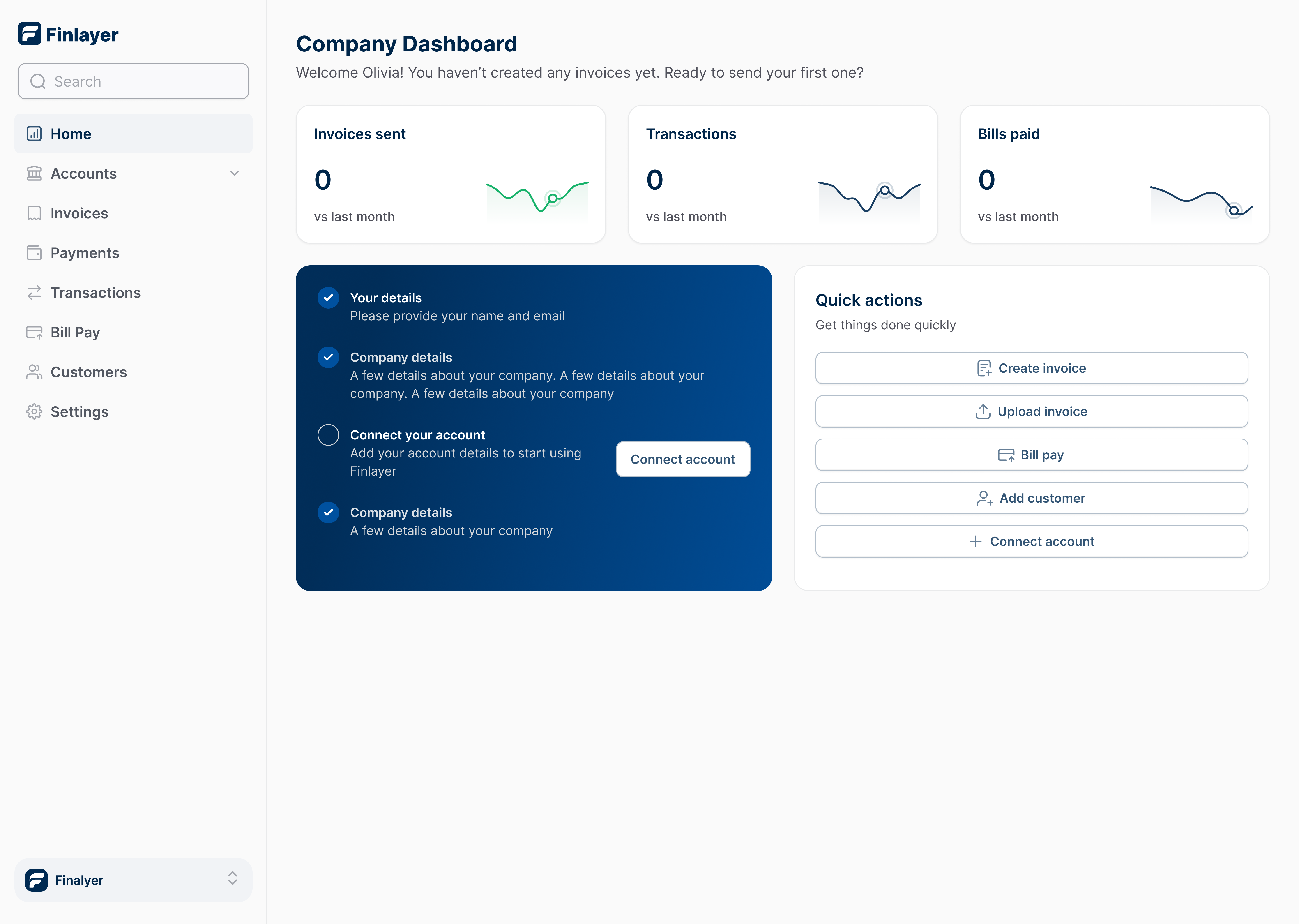 Finlayer financial management dashboard overview showing accounts, transactions, and analytics for Romanian SMEs